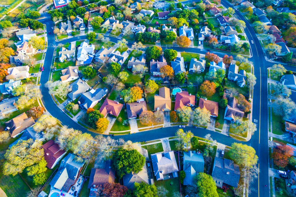 Aerial view of a residential neighborhood